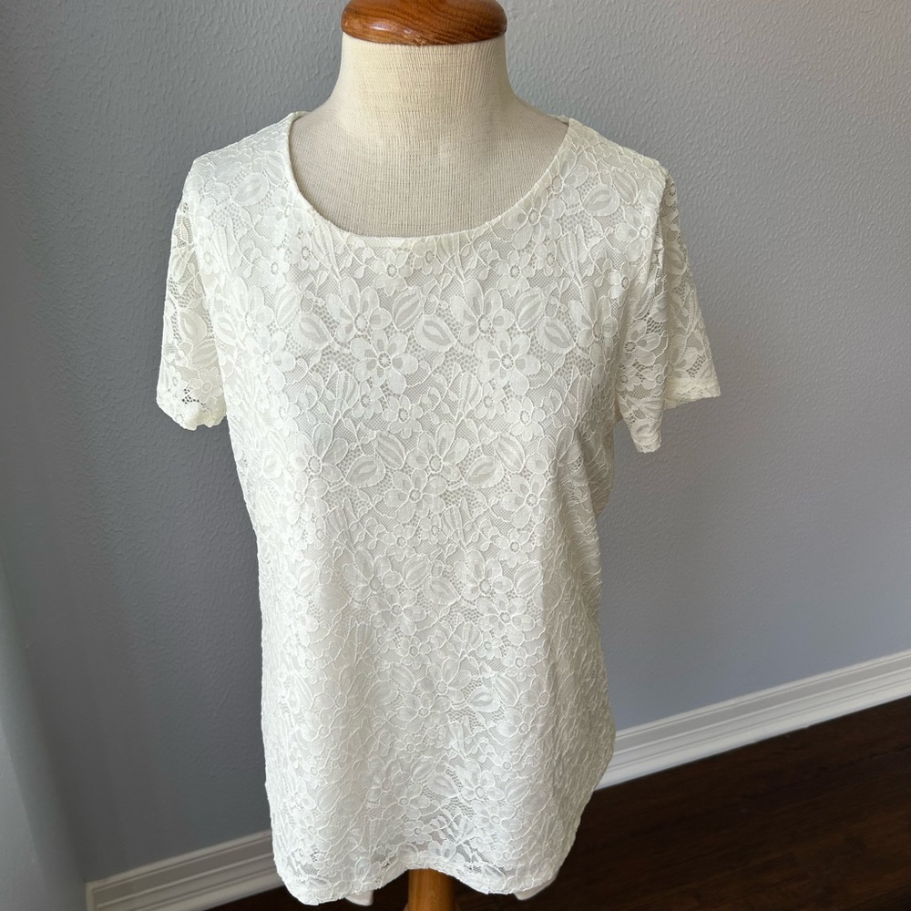 Tommy Hilfiger White Fitted Lace Short Sleeve Tee